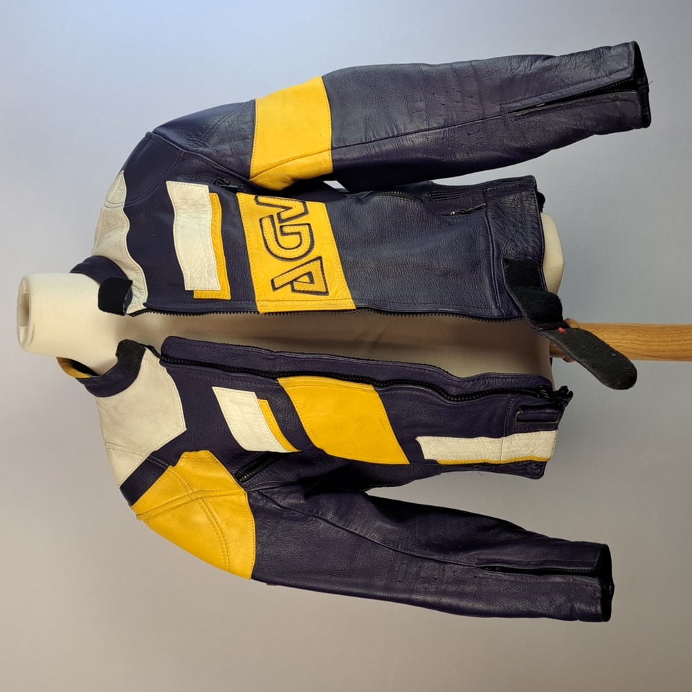 Vintage AGV Sport Leather Biker Jacket Purple and Yellow Mens 42R